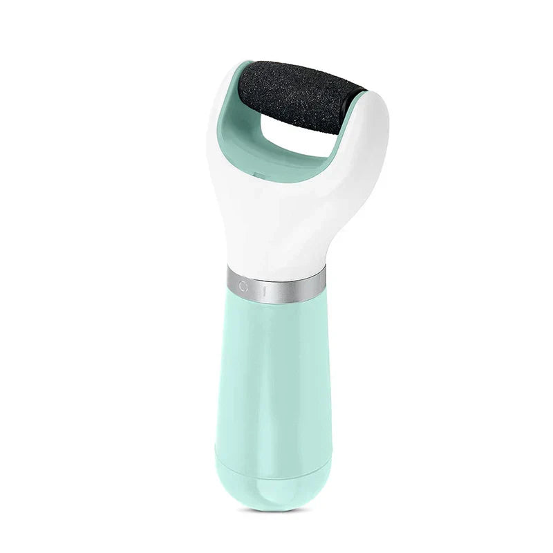 Pedicure Heel Scraper Dead Skin Removal Rasp - Mint and white electric foot file with black textured roller head, angled front view
