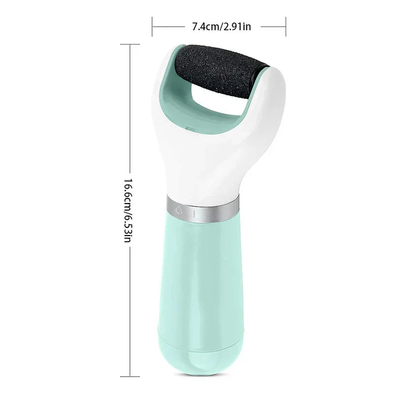 Pedicure Heel Scraper Dead Skin Removal Rasp - Battery-powered foot file with mint and white handle, showing length 16.6cm and head width 7.4cm