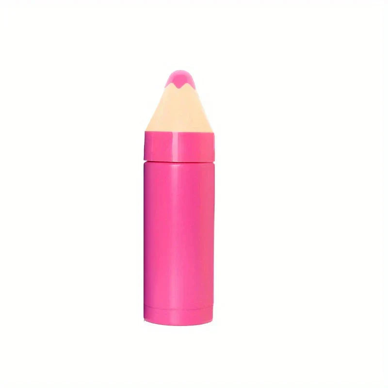Pencil shaped kids water bottle tumbler with a yellow body and pink eraser top