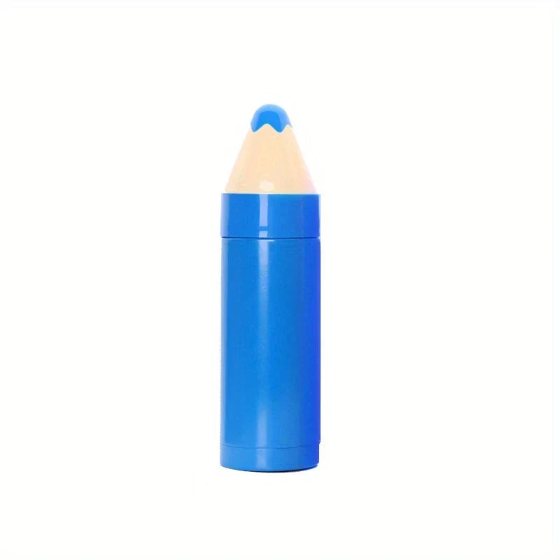 Water Bottle Tumbler - Single blue pencil-shaped bottle with cream pencil tip section on a white background