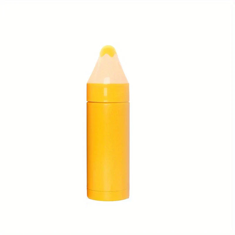 Water Bottle Tumbler - A yellow cylindrical container shaped like a sharpened crayon with a pointed pale yellow tip, on a white background.