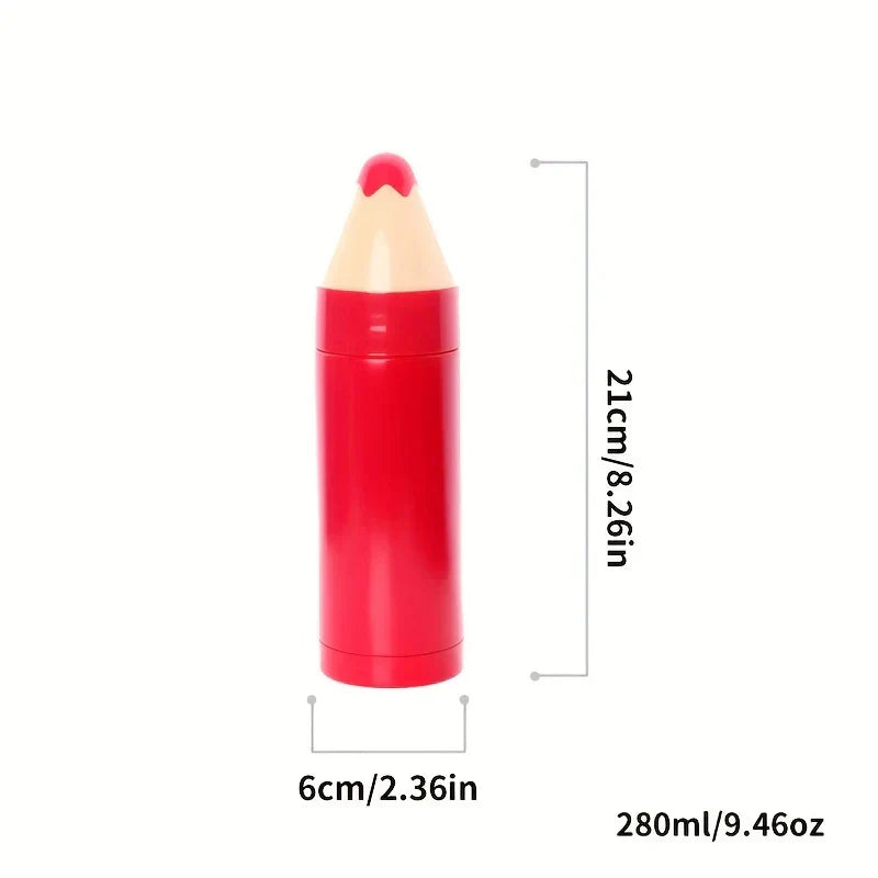 Water Bottle Tumbler - Red pencil-shaped stainless steel insulated bottle, showing 21cm height, 6cm diameter, and 280ml capacity on a white background.