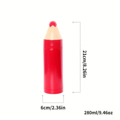 Water Bottle Tumbler - Red pencil-shaped stainless steel insulated bottle, showing 21cm height, 6cm diameter, and 280ml capacity on a white background.