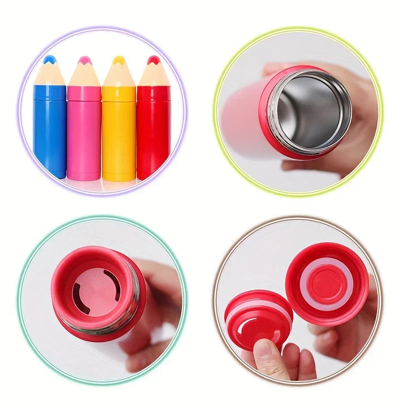 Water Bottle Tumbler - Four circular insets showing four colored pencil thermoses, a stainless steel interior, a bottle opening, and disassembled lid parts.
