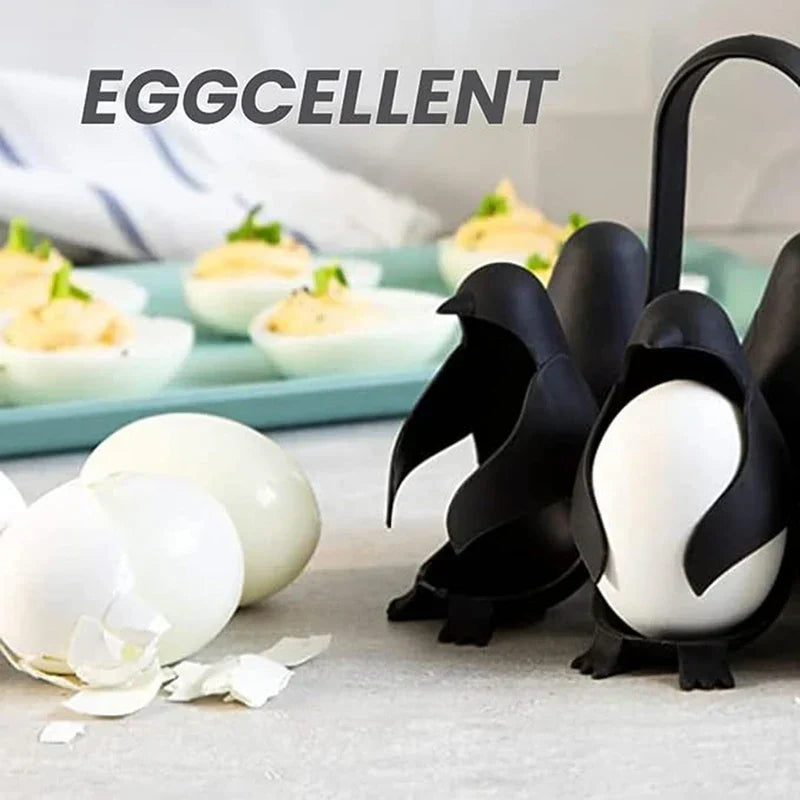 Penguin shaped egg cooker holder holding eggs