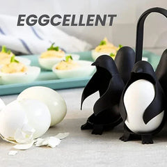 Egg Cooker - Holder next to peeled hard-boiled eggs, egg shells, and deviled eggs with 'EGGCELLENT' text overlay