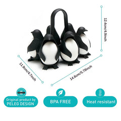 Egg Cooker - Penguin-shaped egg holder holding white eggs, with dimension labels and product feature callouts displayed