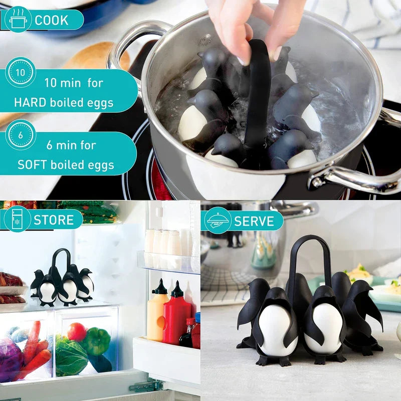 Egg Cooker - Split view showing egg holder boiling in a pot, stored in a fridge, and placed on a serving counter, with time labels