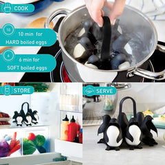 Egg Cooker - Split view showing egg holder boiling in a pot, stored in a fridge, and placed on a serving counter, with time labels