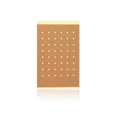 Pain Relief Patch - Single rectangular perforated patch with tan adhesive surface, evenly spaced round perforations, and pale yellow release liner edges