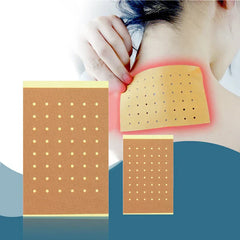 Pain Relief Patch - Patch applied to the back of a person’s neck, shown alongside two unused perforated patches of varying sizes
