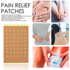 Pain Relief Patch - Infographic showing an unused perforated patch alongside photos of common application areas including knee, elbow, lower back, neck, and leg muscle