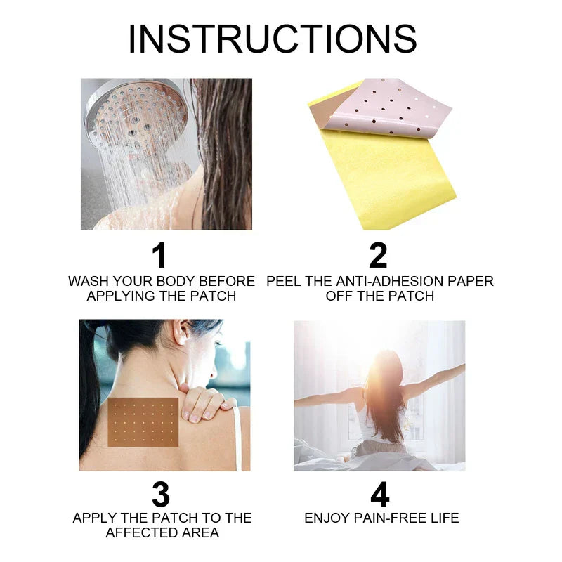 Four-step instructional graphic showing how to apply a pain relief patch