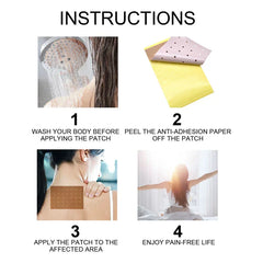 Four-step instructional graphic showing how to apply a pain relief patch