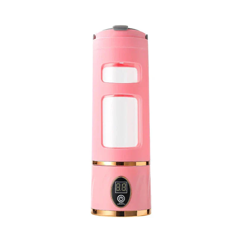Licuadora de batidos - Vaso eléctrico portátil para calentar en rosa con borde dorado, pantalla digital de temperatura, botón de encendido y ventanas transparentes de visualización