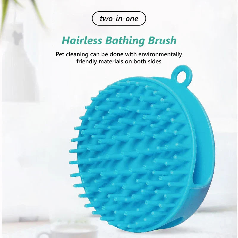 Close-up of the pet bath massage brush with shampoo dispenser showing bristles