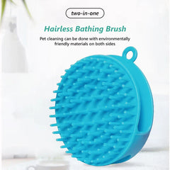 Close-up of the pet bath massage brush with shampoo dispenser showing bristles