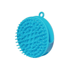 Pet Bath Massage Brush with Shampoo Dispenser on a blue background