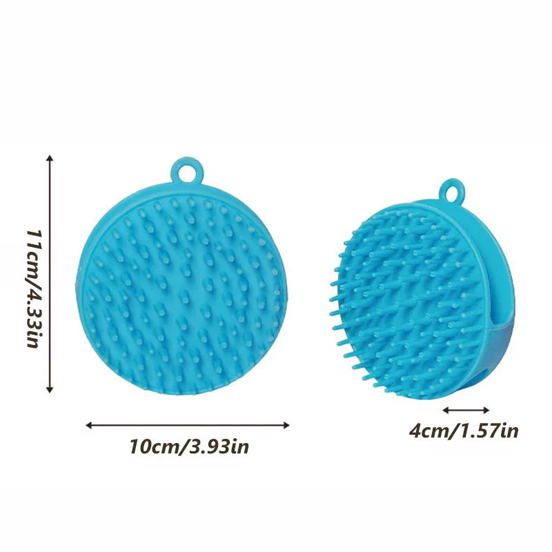 Shampoo Dispenser - Two views of the blue round bath brush, showing front bristle face and side profile, with dimension measurements marked.