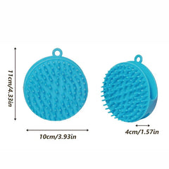 Shampoo Dispenser - Two views of the blue round bath brush, showing front bristle face and side profile, with dimension measurements marked.