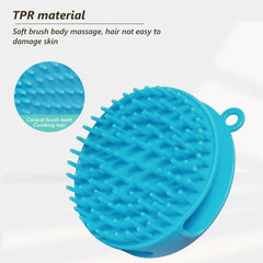 Shampoo Dispenser - Close-up of a blue round flexible bath brush with conical soft bristles, with a magnified inset view of the bristle tips.