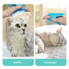 Shampoo Dispenser - Two-panel image: hand using blue brush on wet soapy cat labeled bathe, brushing relaxed sleeping cat labeled massage