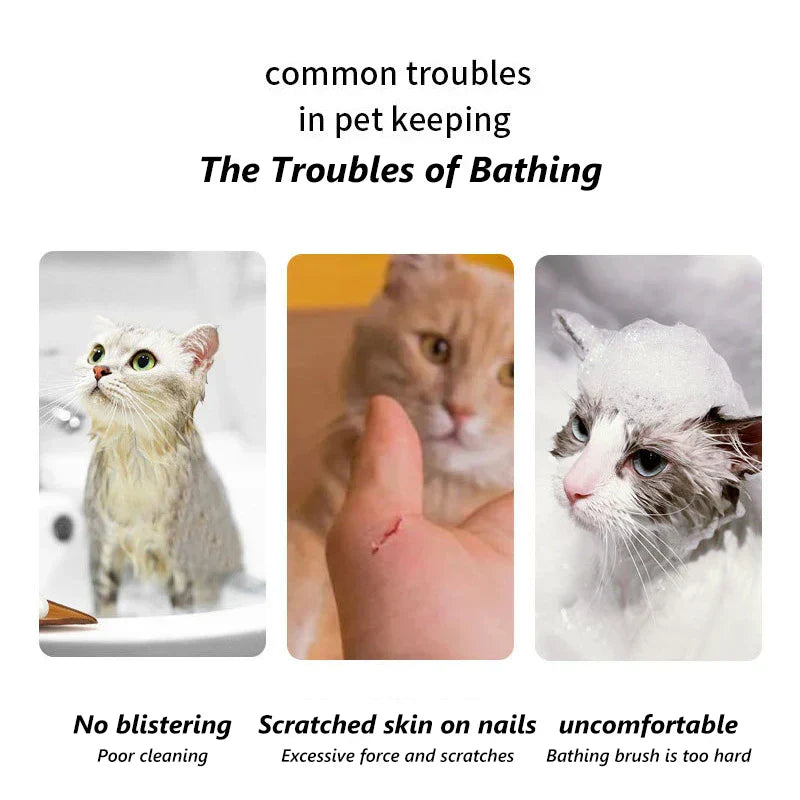 Shampoo Dispenser - Infographic of pet bathing troubles: three cat photos labeled no blistering, scratched hand, uncomfortable cat