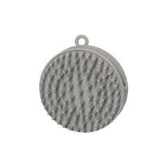 Shampoo Dispenser - Round gray handheld silicone brush with raised soft bristles and hanging loop, shown against a white background.