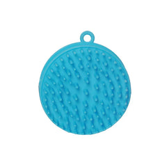Shampoo Dispenser - Round bright blue silicone pet brush with soft raised bristles and small top hanging loop on white background