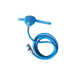 Pet Bathing Shower Sprayer Scrubber Tool - Blue 2-in-1 pet bathing tool with adjustable hand strap, coiled hose, and quick-connect hose fitting