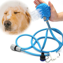 Pet Bathing Shower Sprayer Scrubber Tool - Tool in use spraying water during a dog bath, with included hose adapters displayed