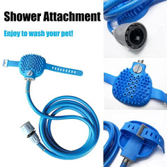 Pet Bathing Shower Sprayer Scrubber Tool - Pet bathing shower attachment set with blue brush head, coiled hose, and quick-connect adapter, shown with close-up details of parts