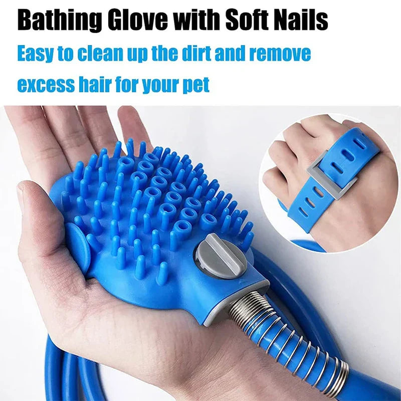 Pet Bathing Shower Sprayer Scrubber Tool - Blue pet bathing brush held in a hand, with close-up inset of its adjustable wrist strap, showing soft bristle nubs and flow control knob