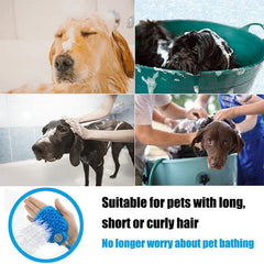 Pet Bathing Shower Sprayer Scrubber Tool - Collage of four dogs being bathed, plus a blue handheld pet shower brush held in a hand, with descriptive text below.