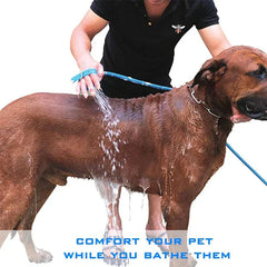 Pet Bathing Shower Sprayer Scrubber Tool - A person uses a blue handheld sprayer to rinse water onto a large brown dog.