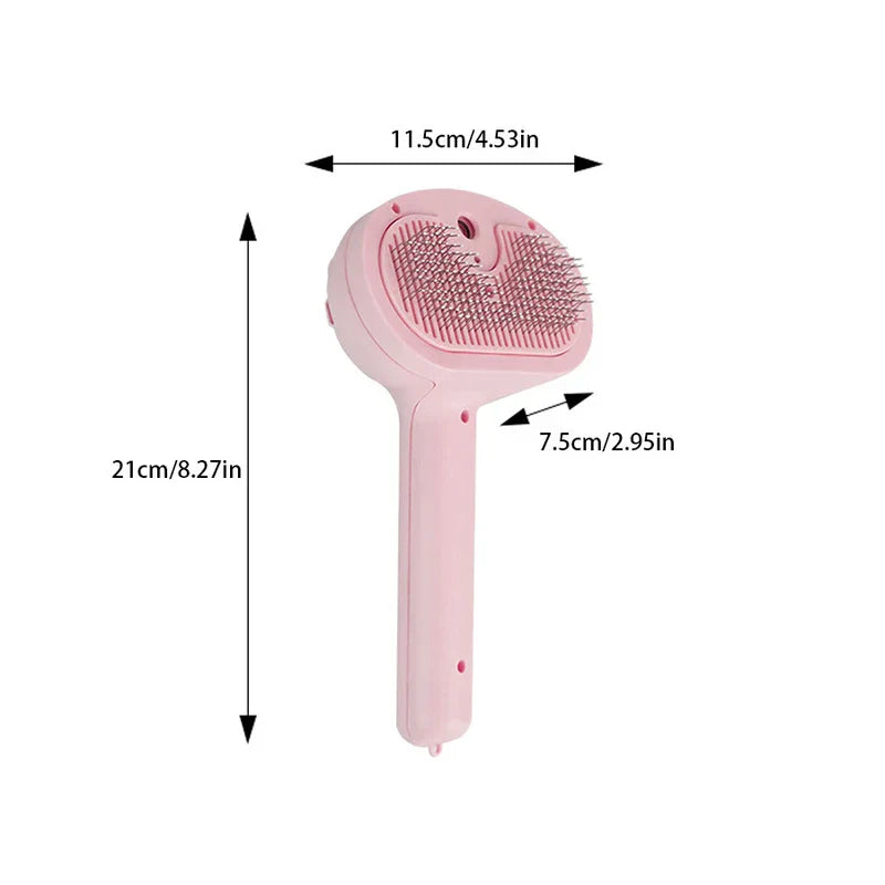 Blue Light Spray Grooming Comb Brush - Pink pet brush with the same dimension annotations, curved pin bristle head, long handle.