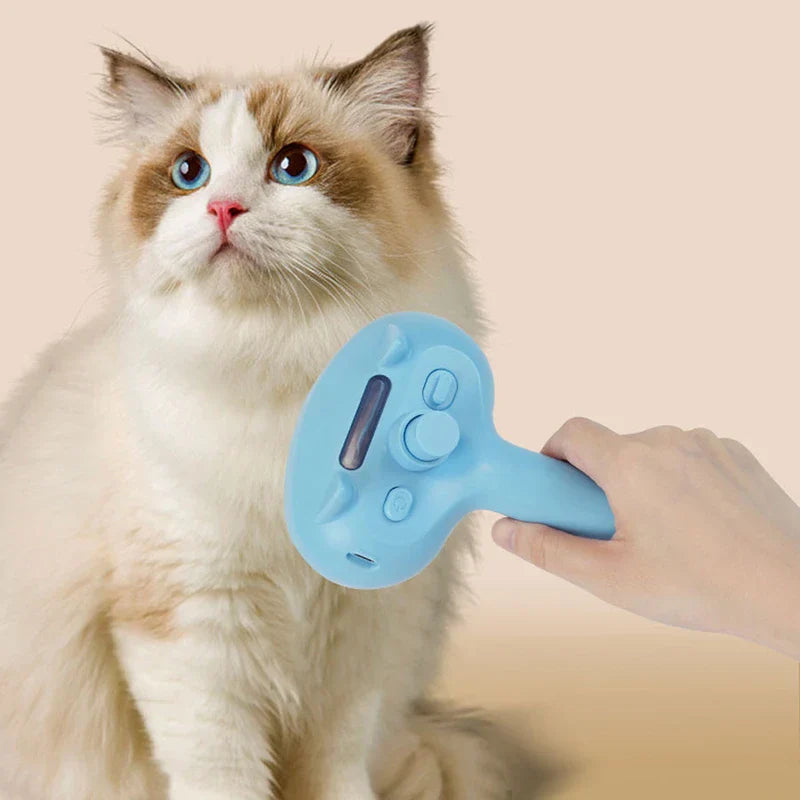 Blaues Licht-Spray-Fellpflegekammbürste – Hand hält die Rückansicht einer hellblauen Haustierpflegebürste neben einer flauschigen Colourpoint-Katze.