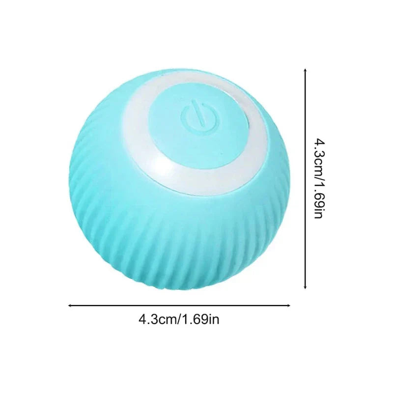 Bola de juguete: bola redonda acanalada azul claro de 4,3 cm/1,69 pulgadas con un símbolo de botón de encendido en el centro, mostrando medidas de ancho y alto sobre un fondo blanco