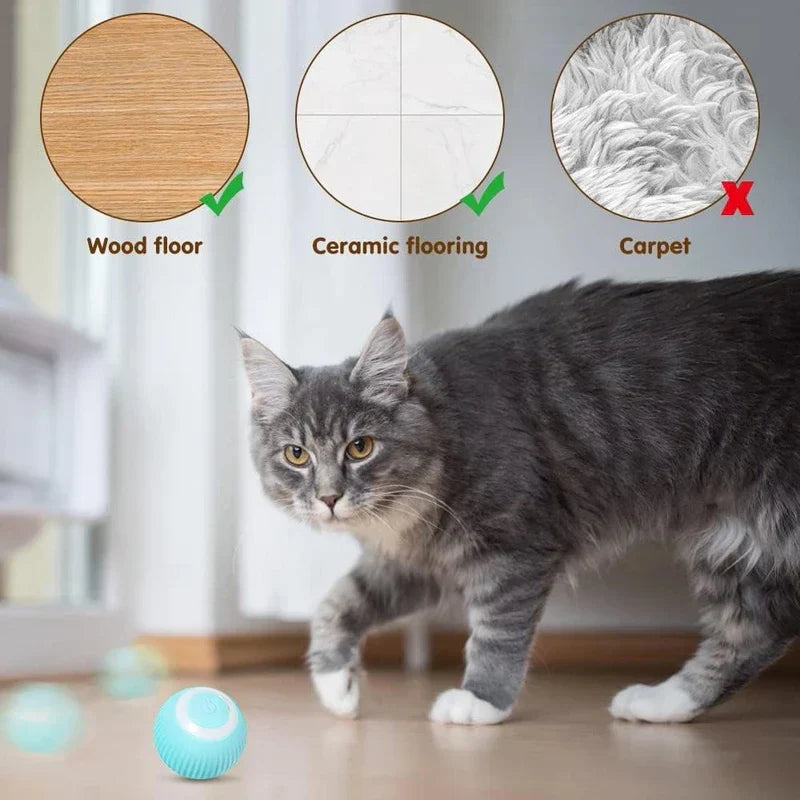 Toy Ball - Grey and white cat interacting with the light blue ball on a wood floor, with labels marking use suitability for wood, tile, and carpet surfaces