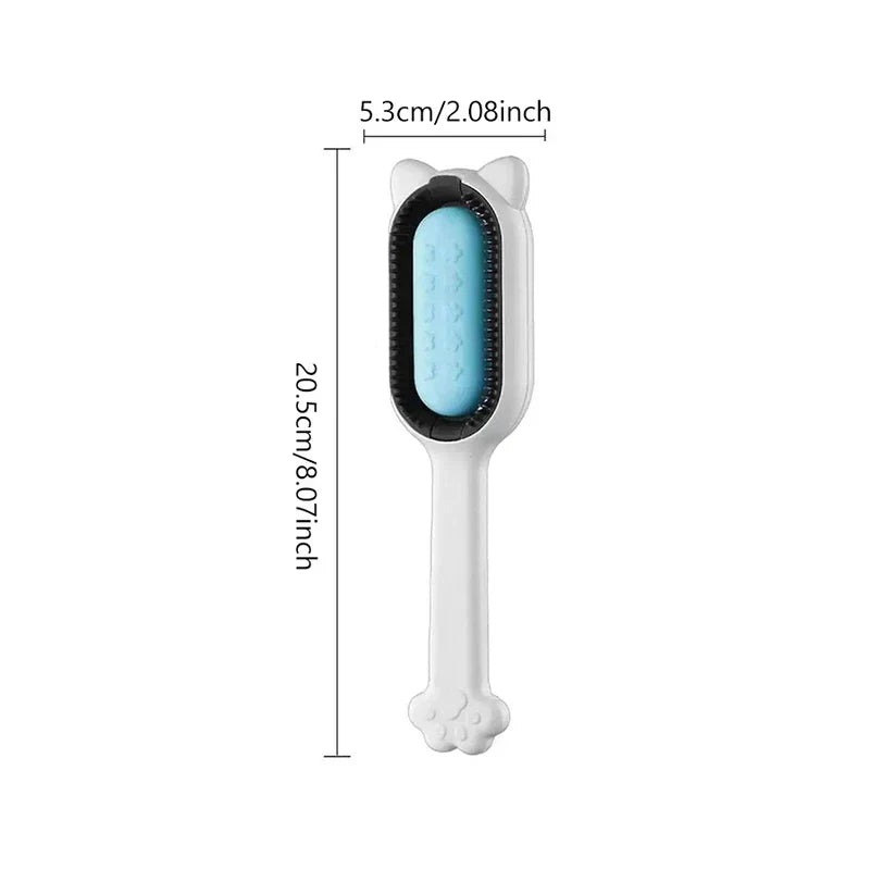 Cat-shaped pet grooming brush with blue silicone insert, showing length and width dimensions on white background