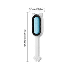 Cat-shaped pet grooming brush with blue silicone insert, showing length and width dimensions on white background