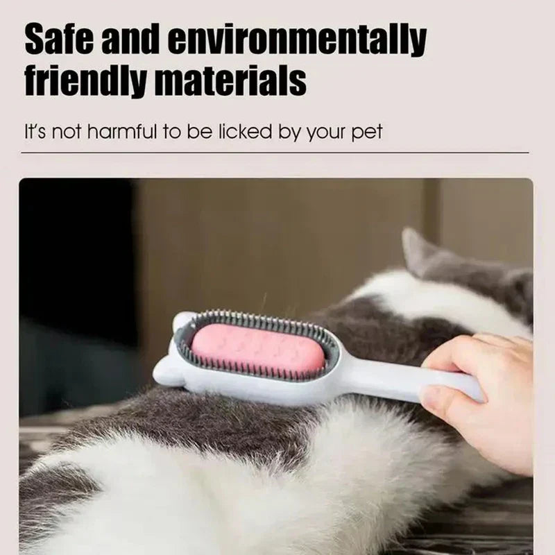 A hand holds a pet grooming brush against a cat's back, with text above about safe materials.