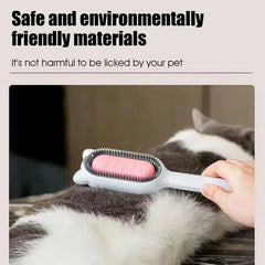 A hand holds a pet grooming brush against a cat's back, with text above about safe materials.