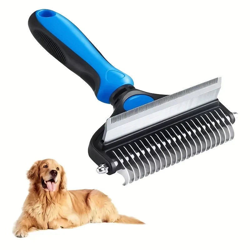 Rake Comb - Dual-sided pet grooming tool with ergonomic blue and black handle, shown next to a golden retriever