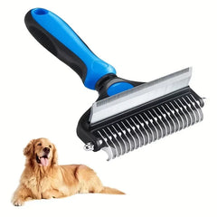 Rake Comb - Dual-sided pet grooming tool with ergonomic blue and black handle, shown next to a golden retriever