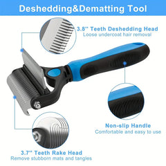 Rake Comb - Dual-function deshedding and dematting grooming tool with labeled non-slip handle and dual comb heads