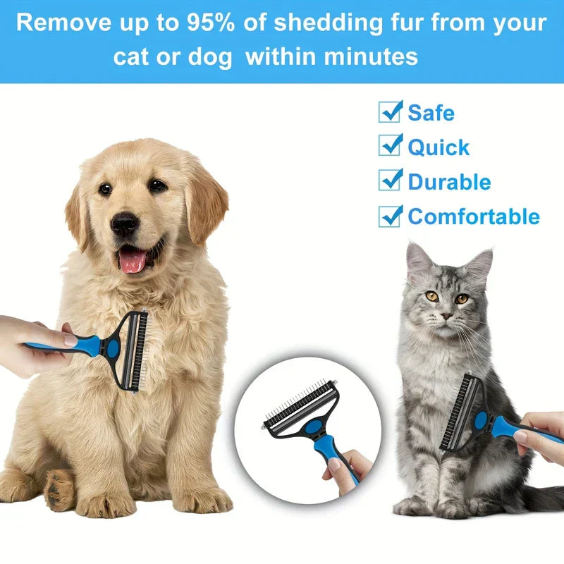 Rake Comb - Pet grooming brush shown being used on a golden retriever puppy and a tabby cat, with checkmarked feature list.