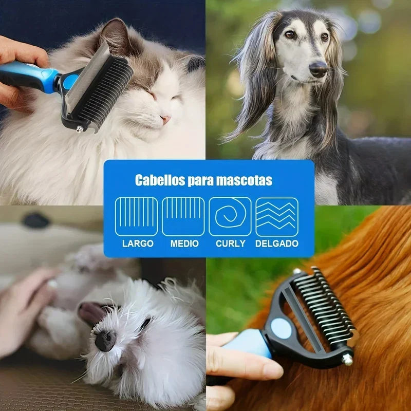 Rake Comb - Pet grooming brush used on multiple cats and dogs, with a label showing compatible pet hair types.