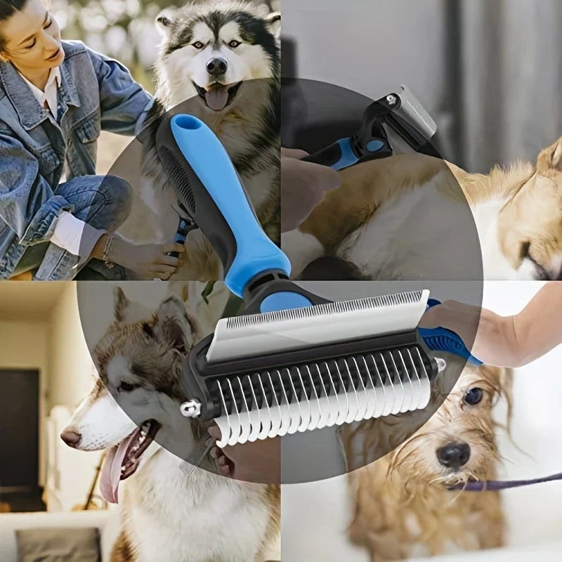 Rake Comb - Close-up of dual-sided pet grooming brush overlaid on four photos of people grooming dogs.