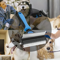 Rake Comb - Close-up of dual-sided pet grooming brush overlaid on four photos of people grooming dogs.